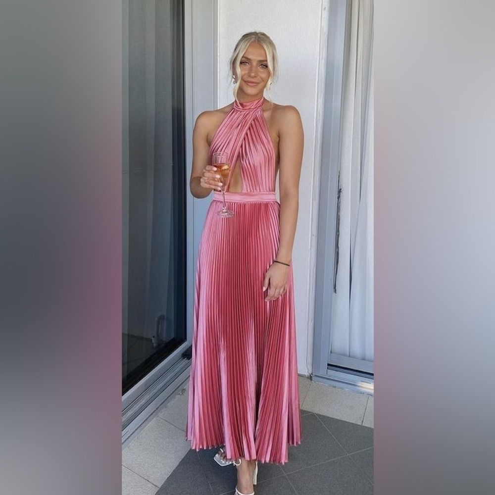 Vici Pink Pleated Backless high neck midi dress